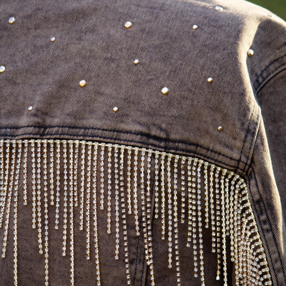 UPCYCLED Denim Rhinestone Fringe Jacket - Picture 2 of 10